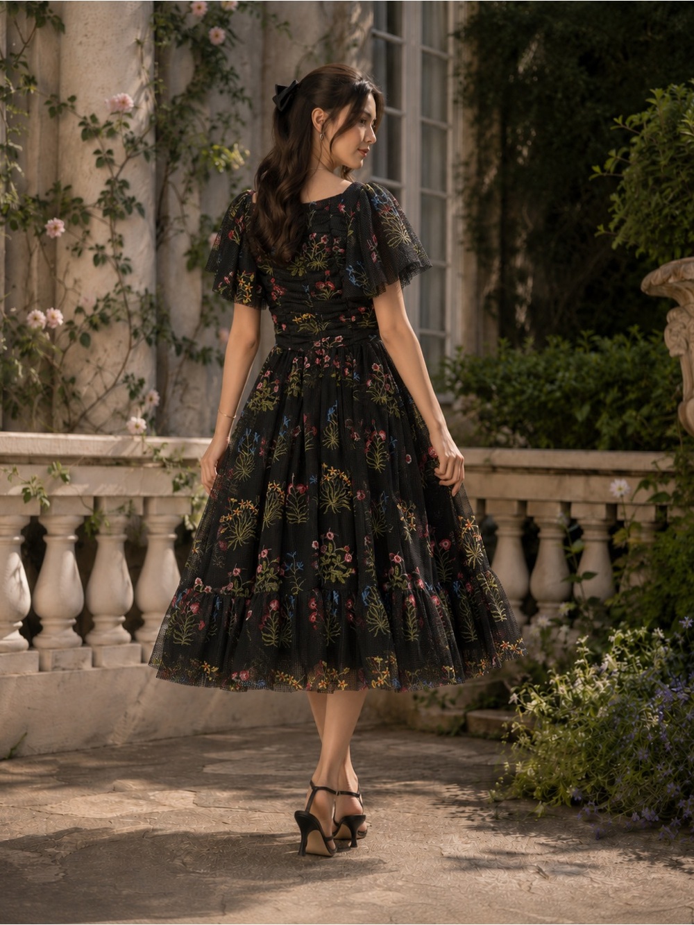 JessaKae Sybil Black Floral Embroidered Flutter Sleeve Midi Dress XS - Picture 3 of 9